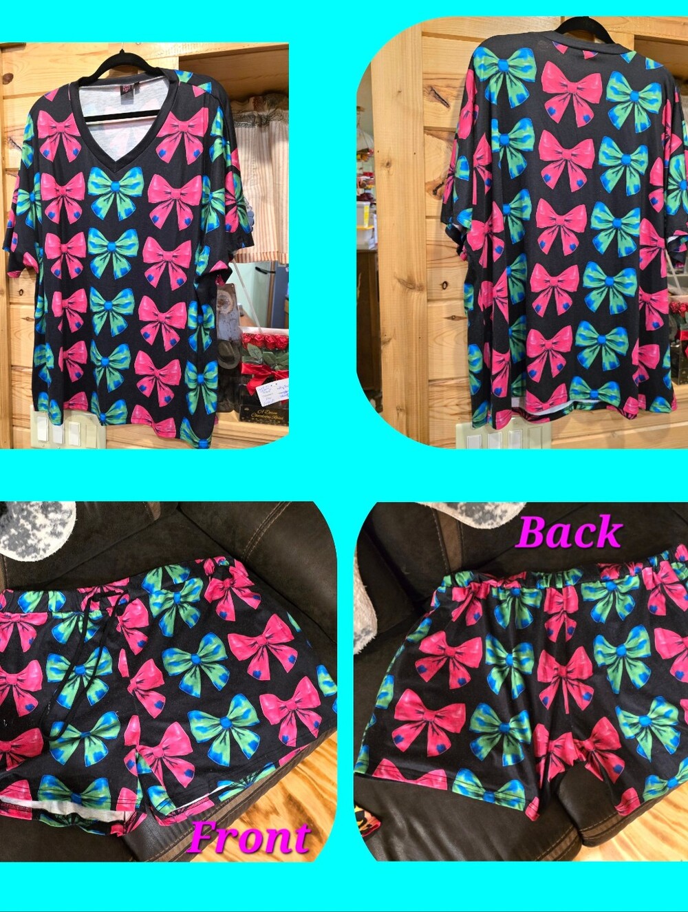 Bow Print Black Lounge Top & Shorts Set - Pink & Aqua Bows
